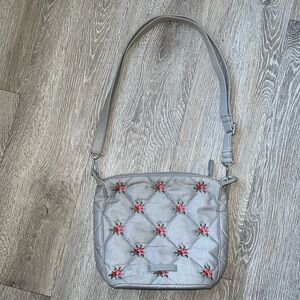 Vera Bradley Carson Hobo Bag in Denim Gray Floral Design, Red And Pink Flowers